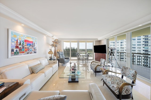 living room featuring ornamental molding, light tile patterned flooring, and expansive windows