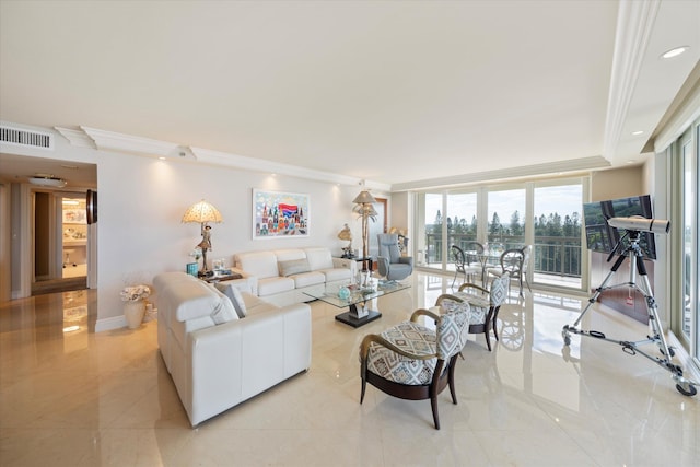 tiled living room featuring floor to ceiling windows and ornamental molding