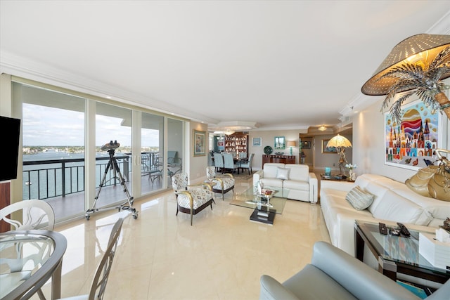 tiled living room with floor to ceiling windows and crown molding