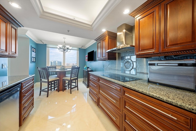 kitchen featuring a chandelier, black electric cooktop, wall chimney exhaust hood, stainless steel dishwasher, and tasteful backsplash