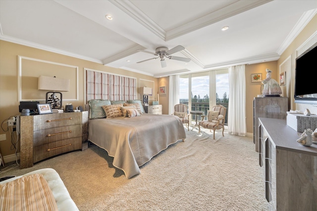 carpeted bedroom featuring floor to ceiling windows, beam ceiling, ceiling fan, and crown molding