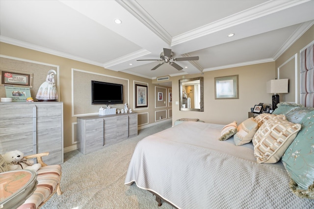 carpeted bedroom with ornamental molding, beam ceiling, ceiling fan, and coffered ceiling