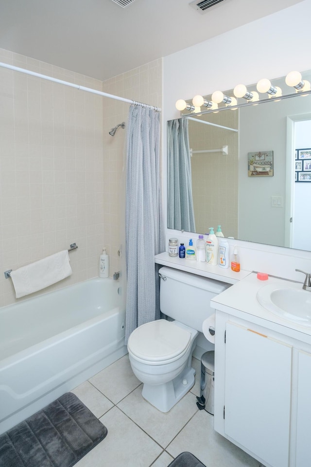 full bathroom with tile patterned flooring, vanity, toilet, and shower / bathtub combination with curtain