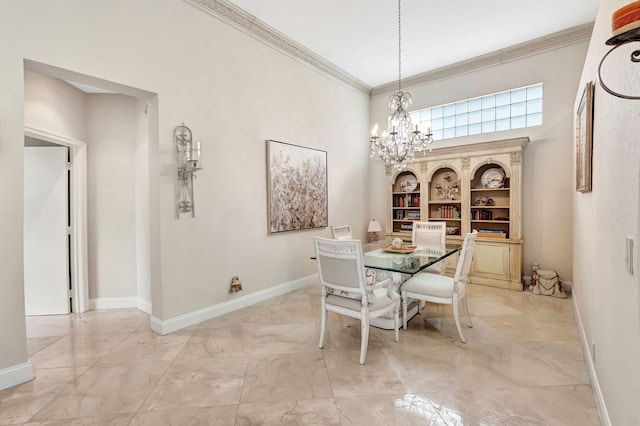 dining space featuring a towering ceiling, an inviting chandelier, and crown molding