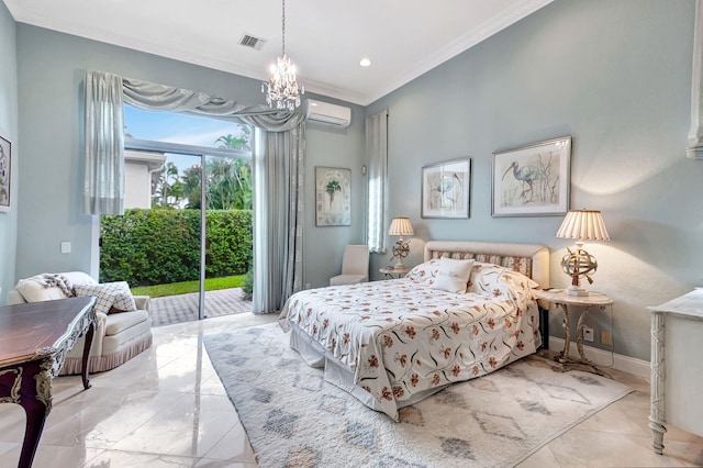 bedroom with an inviting chandelier, a wall unit AC, crown molding, and access to exterior