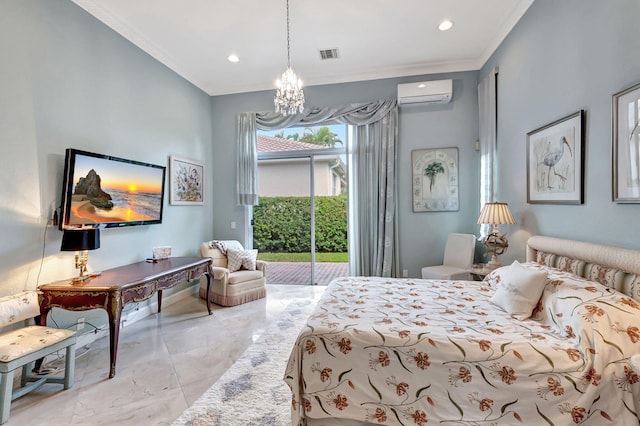 bedroom with access to outside, a wall unit AC, a notable chandelier, and crown molding