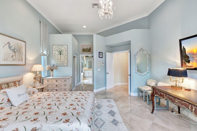 bedroom featuring ornamental molding and a chandelier