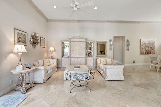 living room with ceiling fan and crown molding