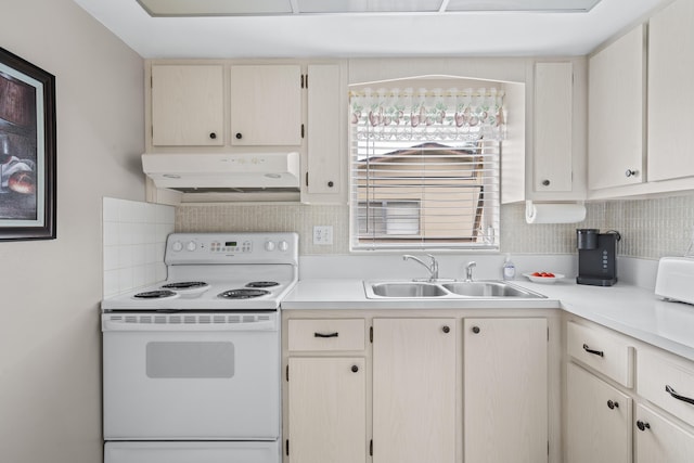 kitchen with tasteful backsplash, white range with electric cooktop, and sink