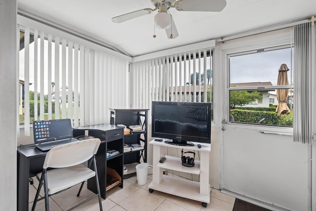 home office with ceiling fan and light tile patterned floors