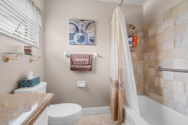 full bathroom featuring toilet, vanity, shower / bathtub combination with curtain, and tile patterned flooring