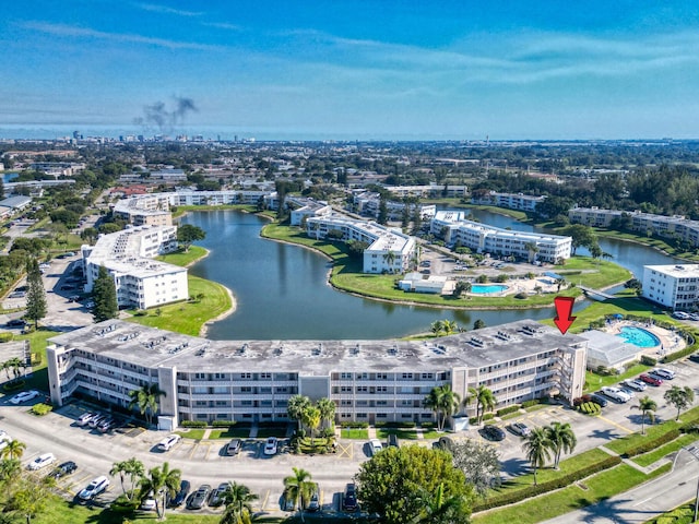 drone / aerial view with a water view