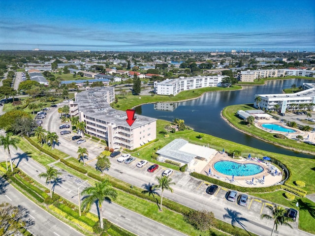 aerial view featuring a water view