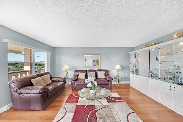 living room featuring a textured ceiling and light wood-type flooring