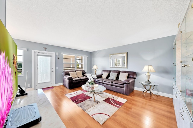 living room featuring light hardwood / wood-style floors and a textured ceiling