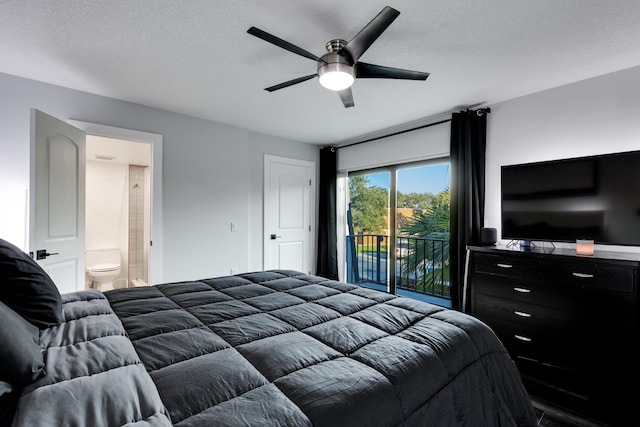 bedroom with ensuite bathroom, access to exterior, a textured ceiling, and ceiling fan