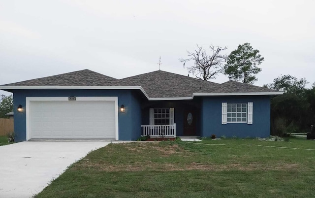 ranch-style home featuring a front yard and a garage