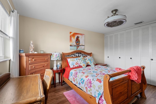 bedroom featuring dark wood-type flooring and a closet