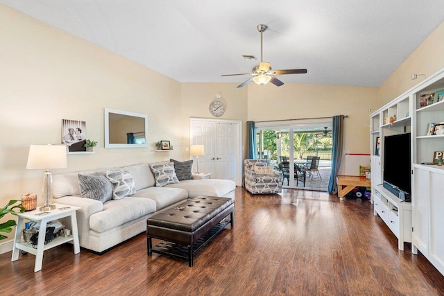 living room with dark hardwood / wood-style flooring, vaulted ceiling, and ceiling fan