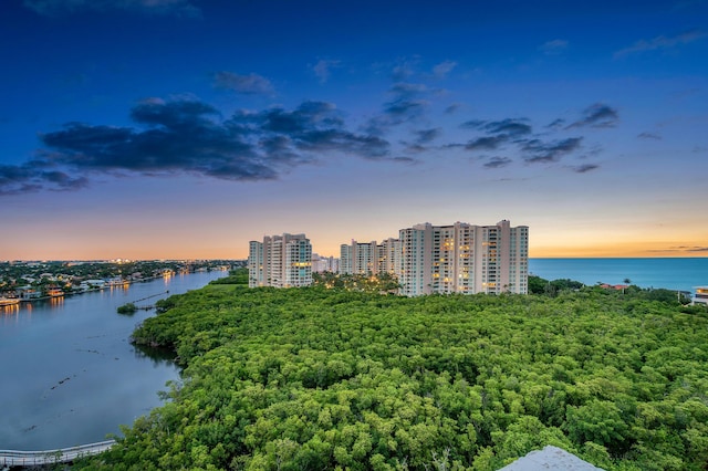 aerial view at dusk with a water view