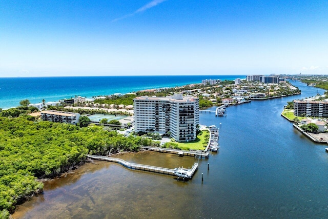 bird's eye view with a water view