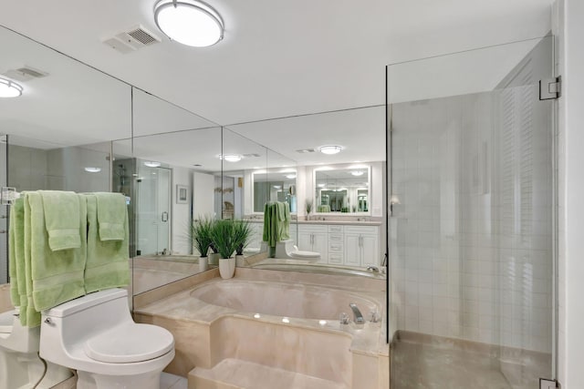 full bathroom with separate shower and tub, vanity, and toilet