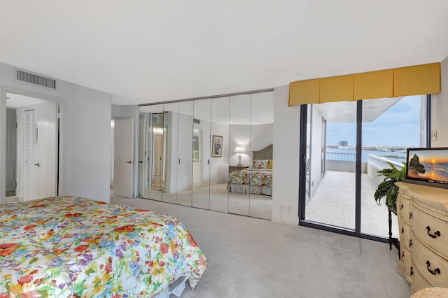 bedroom featuring access to exterior and light colored carpet