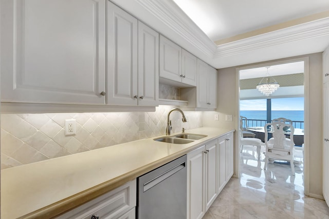 kitchen with white cabinetry, a water view, a chandelier, stainless steel dishwasher, and sink