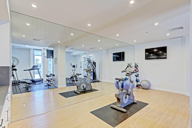 gym featuring light wood-type flooring