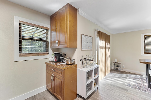 bar featuring crown molding, a healthy amount of sunlight, and light hardwood / wood-style floors