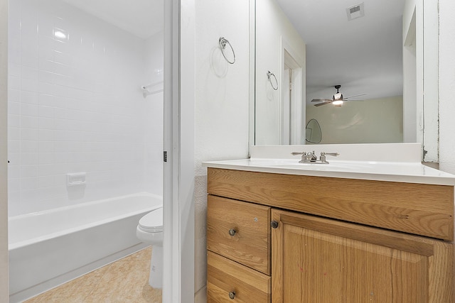 full bathroom with ceiling fan, toilet, vanity, and bathing tub / shower combination