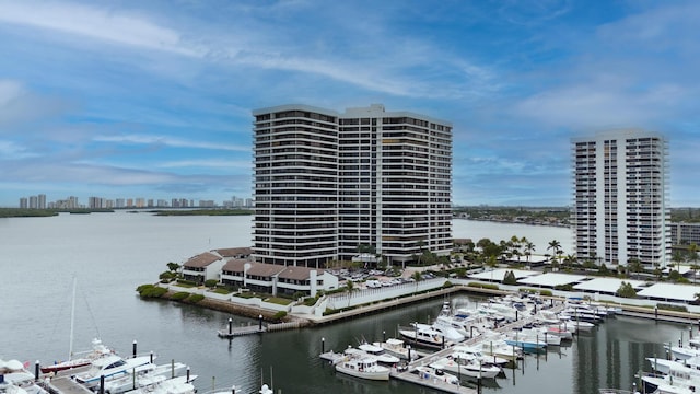 view of building exterior featuring a water view