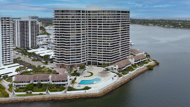 view of building exterior featuring a water view