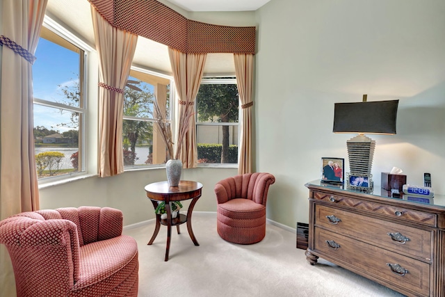 sitting room with light carpet, plenty of natural light, and baseboards