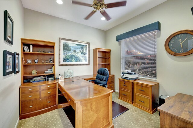 office featuring recessed lighting, light colored carpet, ceiling fan, and baseboards