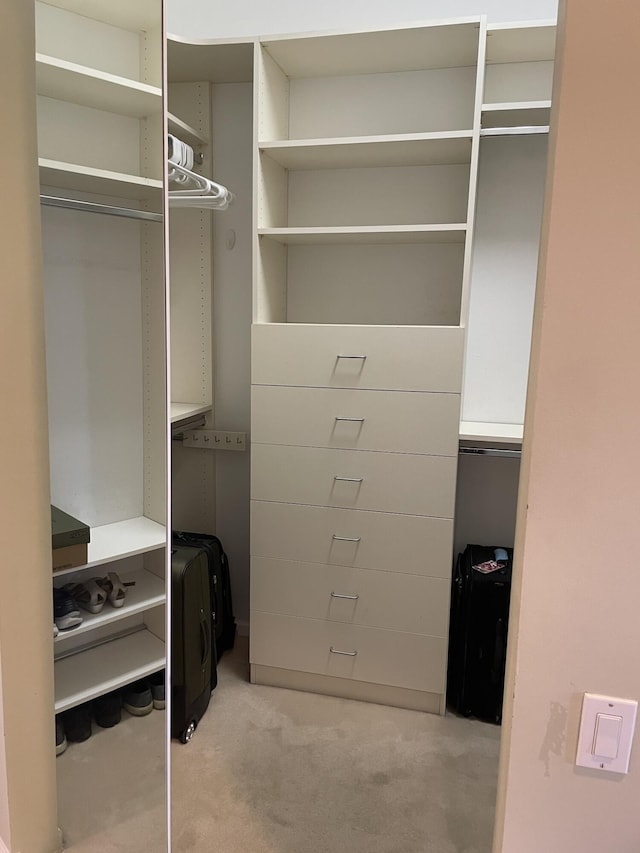 walk in closet featuring light colored carpet