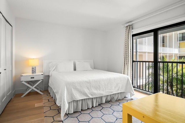 bedroom with hardwood / wood-style floors and a closet