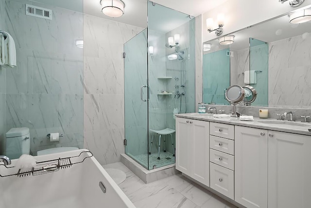 full bathroom with toilet, vanity, separate shower and tub, and tile walls