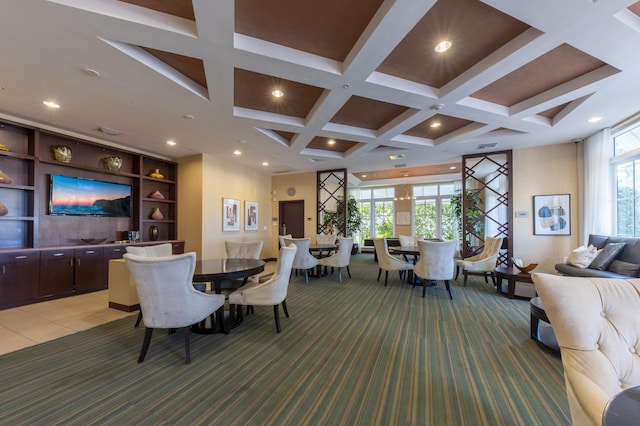 dining space featuring beam ceiling, light colored carpet, and coffered ceiling