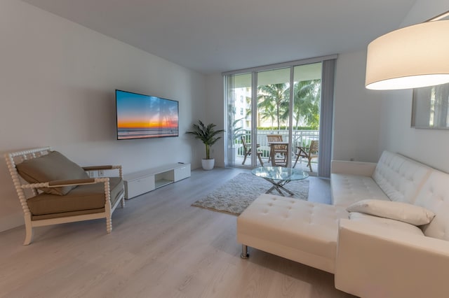 living room featuring wood-type flooring and a wall of windows