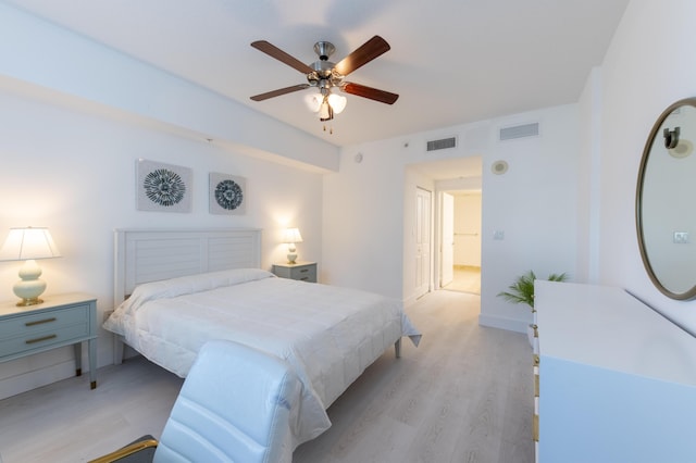 bedroom with light hardwood / wood-style floors and ceiling fan