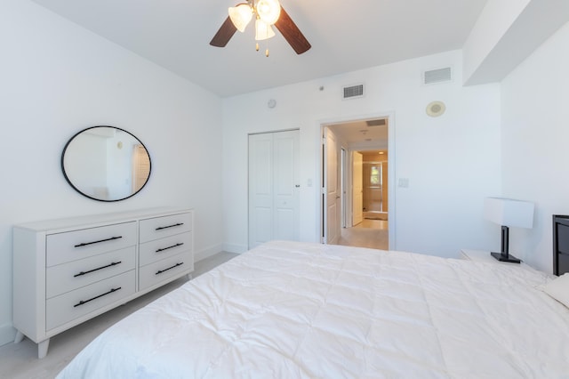 bedroom featuring ceiling fan and a closet