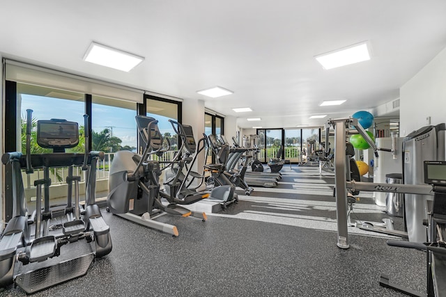 exercise room featuring floor to ceiling windows