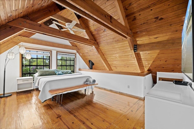 bedroom featuring lofted ceiling with beams, baseboards, wood ceiling, and hardwood / wood-style flooring