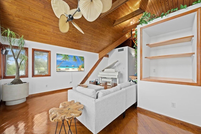 living area featuring a ceiling fan, baseboards, lofted ceiling, wood-type flooring, and wooden ceiling