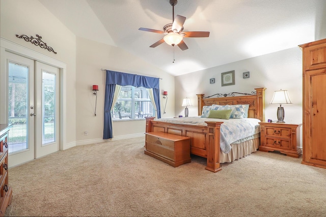 bedroom with light carpet, ceiling fan, access to exterior, lofted ceiling, and french doors