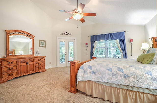 carpeted bedroom with ceiling fan, access to exterior, vaulted ceiling, and french doors