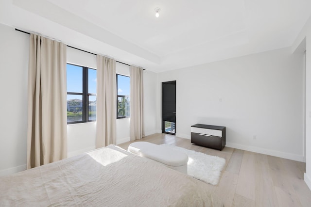 bedroom with a tray ceiling and light hardwood / wood-style flooring