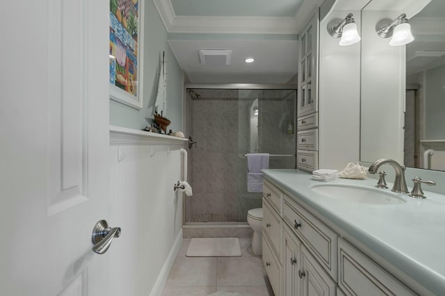 bathroom featuring vanity, tile patterned flooring, toilet, and a shower with shower door