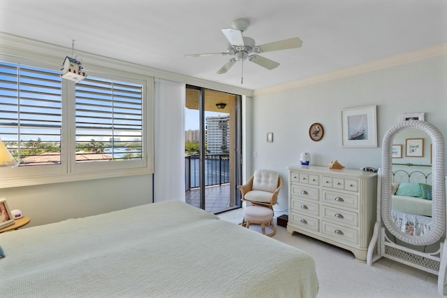 bedroom with ceiling fan, light colored carpet, access to outside, and crown molding